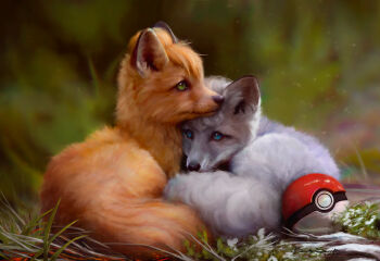 absurdres alolan_form alolan_vulpix blurry blurry_background embers frost gen_1_pokemon gen_7_pokemon highres mikrenart nature nintendo no_humans outdoors poke_ball pokemon pokemon_(creature) pokemon_focus realistic red_fur vulpix white_fur