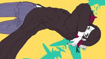 Rule 34 | 1boy, aqua eyes, arms behind head, asymmetrical bangs, black hair, black jacket, black nails, bonnouji (kanikamapurin), buttons, colored skin, colored tips, commentary request, covered mouth, cowboy shot, demon boy, enmu (kimetsu no yaiba), facial mark, flat color, floating clothes, floating hair, floating jacket, from behind, jacket, kimetsu no yaiba, long sleeves, looking at viewer, looking back, male focus, medium hair, multicolored hair, pants, pinstripe pants, pinstripe pattern, purple pants, sideways, solo, splatter background, standing, suit jacket, symbol-shaped pupils, tailcoat, tears facial mark, trap, two-tone background, undershirt, villain (vocaloid), white skin, yellow background