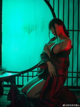 1girl breasts brown_hair chinese_(nationality) completely_nude female_focus highres long_hair looking_at_viewer makachan_(model) medium_breasts model nude photo_(medium) real_life sitting smile solo underwear