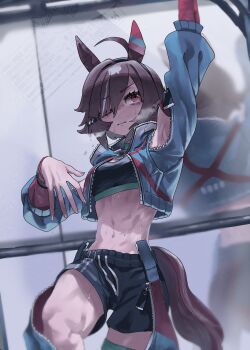 1girl abs absurdres ahoge animal_ears asymmetrical_jacket believe_(purity)_(umamusume) believe_(umamusume) black_hair black_shorts black_sports_bra blue_jacket breasts brown_hair choker commentary_request crop_top cropped_jacket detached_sleeves ear_covers green_choker hair_between_eyes hair_over_one_eye highres horse_ears horse_girl horse_tail jacket long_sleeves looking_at_viewer midriff mirror multicolored_hair navel open_pants pants parted_lips partially_open_jacket red_eyes red_sleeves reflection rinka_(tonariuta) short_hair shorts single_ear_cover solo sports_bra stomach streaked_hair sweat tail umamusume white_hair