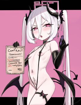 1girl absurdres alternate_costume alternate_hairstyle bare_shoulders black_gloves black_slingshot_swimsuit blue_archive blush breasts cinn_angl contract demon_girl demon_horns demon_tail demon_wings elbow_gloves gloves groin highres holding horns kei_(blue_archive) kei_(new_body)_(blue_archive) latex latex_gloves loli long_hair looking_at_viewer low_wings mole mole_under_eye navel_piercing nipple_piercing piercing pink_eyes pubic_tattoo ringed_eyes slingshot_swimsuit small_breasts solo swimsuit tail tattoo thigh_strap twintails very_long_hair white_hair wings