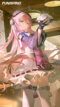 1girl absurdres animal_print arm_up bear_print bow bright_pupils bun_cover ceiling_light closed_mouth commentary copyright_name cowboy_shot crop_top cropped_shirt detached_sleeves english_commentary fingerless_gloves food frilled_gloves frilled_sleeves frills from_side gloves hair_ornament headphones highres holding holding_tray indoors long_hair long_sleeves looking_at_viewer official_alternate_costume official_art panda_print pink_hair punishing:_gray_raven purple_bow purple_eyes purple_gloves purple_nails purple_sleeves purple_tabard shirt skirt sleeves_past_wrists solo standing steamed_bun tabard tassel teddy:_decryptor_(pgr) teddy_(pgr) thighhighs tray very_long_hair wavy_hair white_pupils white_shirt white_skirt white_thighhighs