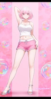 1girl absurdres arm_up breasts camisole cleavage dolphin_shorts feet full_body high_heels highres hololive hololive_english large_breasts mori_calliope navel pink_eyes pink_hair pink_shorts short_hair short_shorts shorts soap_bubbles solo standing toes virtual_youtuber wajuniorbox white_camisole