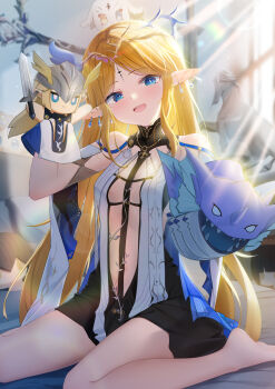 1girl abby_(wuthering_waves) black_collar black_dress blonde_hair blue_eyes blush breasts cartethyia_(wuthering_waves) collar commentary_request crown_of_thorns dian_zhi_sang dress earrings hand_puppet highres indoors jewelry leviathan_(wuthering_waves) long_hair looking_at_viewer multiple_earrings necklace objectification open_mouth parted_bangs pointy_ears puppet remnant_cube_(wuthering_waves) sidelocks sitting small_breasts smile solo tabard tacet_mark_(wuthering_waves) very_long_hair wariza white_tabard wuthering_waves