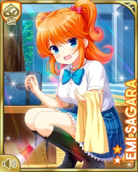 1girl blue_bow blue_eyes blue_skirt bow character_name girlfriend_(kari) hair_behind_ear indoors juggling_club kneeling looking_at_viewer official_art open_mouth orange_hair plaid_clothes plaid_skirt qp:flapper ribbon sagara_emi school_uniform shirt shoes skirt surprised tagme thighhighs two_side_up white_shirt yellow_towel