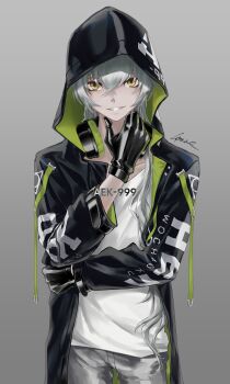 1girl aek-999_(babe_driver)_(girls&#039;_frontline) aek-999_(girls&#039;_frontline) artist_name black_gloves black_jacket character_name clothes_writing commentary_request girls&#039;_frontline gloves gomakyu grey_background grey_pants grin hand_on_own_chin headphones headphones_around_neck highres hood hooded_jacket jacket long_hair looking_at_viewer official_alternate_costume open_clothes open_jacket pants shirt simple_background smile solo teeth white_hair white_shirt yellow_eyes