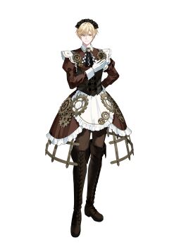 1boy absurdres aimery_cenoir apron arm_behind_back ascot black_corset black_ribbon blonde_hair boots boys_be_maid! brooch brown_boots brown_dress brown_pantyhose checkered_ascot clock collared_dress contrast_collar corset crinoline crossdressing crossdressing_(mtf) dress fold-over_boots frilled_apron frilled_dress frills full_body gears gloves grey_eyes hair_between_eyes hand_on_own_chest high-low_dress highres jewelry juliet_sleeves lace-up_boots long_sleeves looking_at_viewer maid maid_apron maid_headdress male_focus male_maid medium_dress neck_ribbon official_art pantyhose puffy_sleeves ribbon second-party_source short_hair solo standing steampunk tachi-e thigh_boots transparent_background ugonba_(howatoro) white_apron white_ascot white_gloves