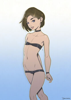 1girl aged_down arched_back arms_behind_back artist_name bikini black_bikini blue_background blue_eyes brown_hair capcom collarbone druidon feet_out_of_frame female_focus flat_chest from_side gradient_background jewelry jill_valentine lips loli looking_at_viewer looking_to_the_side navel necklace resident_evil resident_evil_3:_nemesis serious short_hair simple_background solo standing swimsuit teeth two-tone_background white_background