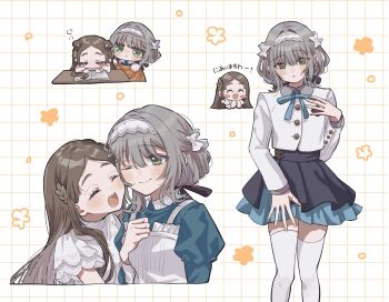 ;) ^_^ apron aqua_dress black_overskirt blazer blue_skirt brown_hair closed_eyes commentary cosplay covering_with_blanket dress feet_out_of_frame gakuen_idolmaster grey_hair grid_background hairband heads_together highres hiwatari_kanae idolmaster jacket kuramoto_china kuramoto_china_(cosplay) layered_sleeves looking_at_another maid menrui_(xxmexzx) one_eye_closed pleated_skirt shirt skirt sleeping smile squeans thighhighs translation_request white_apron white_hairband white_jacket white_shirt white_thighhighs zettai_ryouiki