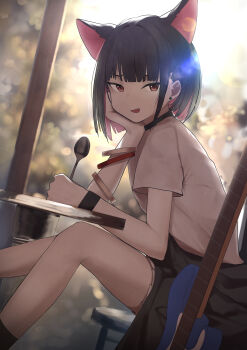 1girl absurdres animal_ears backlighting black_choker blue_archive blunt_bangs blunt_ends blurry blurry_background bob_cut bracelet breasts cat_ears cat_girl chair choker clothes_around_waist colored_inner_animal_ears colored_inner_hair commentary_request day dutch_angle earclip earrings extra_ears feet_out_of_frame from_side guitar hair_behind_ear hair_intakes hair_ornament hairclip hand_on_own_cheek hand_on_own_face hand_up highres holding holding_spoon instrument jewelry kazusa_(band)_(blue_archive) kazusa_(blue_archive) koutannkoburia leaning_forward lens_flare light_particles medium_breasts multicolored_hair multiple_bracelets official_alternate_costume on_chair open_mouth outdoors red_eyes shirt short_sleeves sitting slit_pupils smile solo spoon stud_earrings t-shirt table tsurime two-tone_hair v-shaped_eyebrows white_shirt