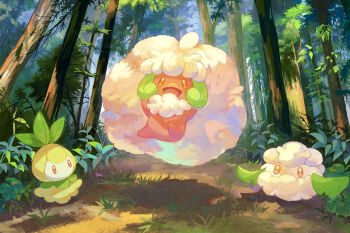 brown_eyes commentary cottonee evolutionary_line forest gen_5_pokemon green_horns highres horns nature nintendo no_humans open_mouth outdoors petilil pokemon pokemon_(creature) pokemon_focus smile symbol-only_commentary tree whimsicott yj0i0