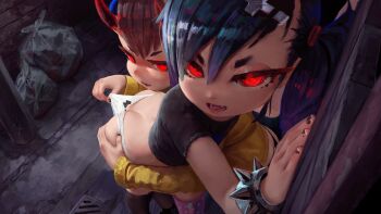 2girls ass ass_grab black_hair black_nails black_panties black_shirt dagger_(fiz-rot) fang female_focus fiz-rot glowing glowing_eyes hair_between_eyes highres hood hood_down horns hug jacket loli long_sleeves lower_teeth_only multiple_girls nail_polish open_mouth original outdoors panties panty_pull red_eyes red_horns shirt short_sleeves teeth thighhighs trash_bag twintails underwear white_panties yellow_jacket