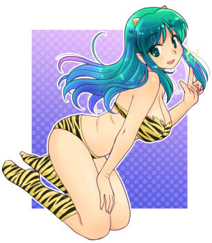 1girl animal_print aqua_eyes aqua_hair bikini breasts cleavage cone_horns from_side hand_on_own_leg horns index_finger_raised lightning_bolt_symbol long_hair looking_at_viewer lum pointy_ears print_bikini sidelocks smile solo swimsuit tiger_print uona_telepin urusei_yatsura