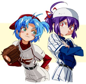 2girls ahoge backwards_hat baseball baseball_cap baseball_glove baseball_uniform belt blue_hair blue_shirt blush blush_stickers closed_mouth commentary_request crossed_arms green_eyes hair_ribbon hair_through_headwear hand_on_own_hip hat home_(houmei) jikkyou_powerful_pro_yakyuu layered_sleeves leaning_forward long_sleeves looking_at_another multiple_girls one_side_up pants ponytail purple_hair red_eyes red_ribbon ribbon rokudou_hijiri shirt short_hair short_over_long_sleeves short_ponytail short_sleeves simple_background smile sportswear tachibana_mizuki_(pawapro) white_background white_pants