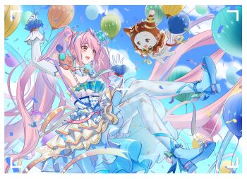 1girl absurdly_long_hair absurdres animal ankle_bow ankle_ribbon aqua_bow argyle_bow argyle_cloak argyle_clothes argyle_pantyhose armpits axsd8 back_ribbon balloon bare_shoulders blue_bow blue_dress blue_hairband blue_hat blue_ribbon blue_shoes blue_sky blue_wrist_cuffs border bow brown_cloak brown_eyes cat chinese_commentary choker cloak clothed_animal cloud commentary_request confetti dance_till_dawn_(infinity_nikki) day detached_sleeves dress ear_covers facial_tattoo floating floating_hair four-pointed_star frilled_cloak frilled_dress frilled_wrist_cuffs frills full_body hairband hat hat_bow hexagram high_heels highres holding holding_balloon hood hood_up hooded_cloak infinity_nikki large_ribbon leg_ribbon light_blush lolita_fashion long_hair looking_at_animal mini_hat mini_top_hat momo_(nikki) navel neck_ribbon nikki_(nikki) nikki_(series) official_alternate_color official_alternate_costume open_mouth orange_ribbon outdoors pantyhose pawpads pink_bow pink_hair pleated_dress print_dress print_ribbon pumps ribbon ribbon_earrings shoes short_dress sky sleeveless sleeveless_dress smile star_(symbol) star_choker star_print star_tattoo stuffed_animal stuffed_toy tattoo teddy_bear top_hat twintails two-tone_bow two-tone_dress two-tone_wrist_cuffs vertical-striped_sleeves very_long_hair viewfinder waist_bow wavy_hair white_border white_bow white_cat white_choker white_dress white_pantyhose white_sleeves white_wrist_cuffs wrist_cuffs