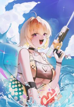 3girls absurdres ahoge black_choker blonde_hair blue_sky breasts choker commentary_request dorothy_(nikke) elegg_(boom_and_shock)_(nikke) elegg_(nikke) goddess_of_victory:_nikke hair_intakes highres holding holding_water_gun innertube korean_commentary kuru9763 large_breasts looking_at_viewer multiple_girls ocean official_alternate_costume open_mouth purple_eyes rapi_(nikke) short_hair sky slingshot_swimsuit swim_ring swimsuit water_gun yellow_slingshot_swimsuit