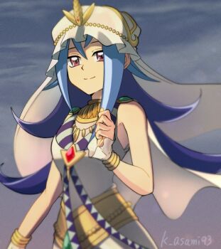 1girl artist_name asamishi blue_hair bracelet closed_mouth dress hair_between_eyes jewelry kamishiro_rio long_hair looking_at_viewer red_eyes sleeveless sleeveless_dress solo veil white_dress white_headdress white_veil yu-gi-oh! yu-gi-oh!_zexal