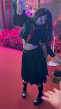 animated ayakakashi ayakakashi_(cosplay) bent_over black_eyes black_hair black_serafuku black_shirt black_skirt breasts cosplay expressionless hair_between_eyes highres incoming_gift japanese_(nationality) logo looking_at_another looking_at_viewer midriff navel neckerchief photo_(medium) photo_(object) pov priestess_sakuko real_life red_neckerchief rope rope_marks school_uniform sculpture serafuku shaded_face shirt short_hair silent_hill_(series) silent_hill_f skirt smile tagme torn_clothes torn_shirt torn_skirt underboob video walking