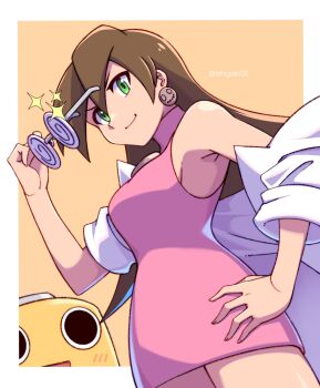 1girl alternate_hairstyle breasts brown_hair capcom glasses green_eyes hand_on_own_hip highres lab_coat legs long_hair looking_at_viewer medium_breasts mega_man_(series) mega_man_legends_(series) off_shoulder servbot_(mega_man) sideboob smile solo thighs tron_bonne_(mega_man)