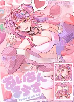 Rule 34 | 1girl, ahoge, bead bracelet, beads, bra, bracelet, breasts, button hair ornament, checkered clothes, cleavage, collar, commentary, decora, demon girl, demon horns, dradra tw, hair ornament, heart, heart ahoge, heart hair ornament, highres, horns, ironmouse, jewelry, large breasts, lollipop hair ornament, long hair, looking at viewer, multicolored hair, open clothes, pajamas, pink eyes, pink hair, pointy ears, purple hair, purple streaks, rabbit hair ornament, ring, shorts, skull hair ornament, sparkle hair ornament, spiked collar, spikes, streaked hair, twintails, underwear, untranslatable commentary, v, virtual youtuber, vshojo, white bra, white shorts, x hair ornament