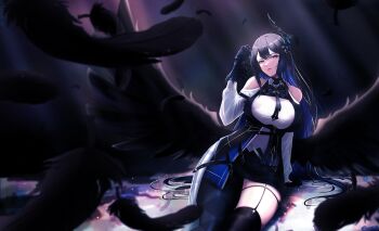 1girl asymmetrical_horns asymmetrical_legwear bare_shoulders bird black_feathers black_hair black_wings blue_hair breasts collared_shirt cowboy_shot crow ellier23 feathered_wings feathers flower garter_straps highres hololive hololive_english horn_flower horns large_breasts long_hair looking_at_viewer mismatched_legwear mole mole_under_eye multicolored_hair nerissa_ravencroft nerissa_ravencroft_(1st_costume) open_mouth pantyhose red_eyes shirt single_leg_pantyhose single_thighhigh sitting skirt solo thighhighs two-tone_hair uneven_horns very_long_hair virtual_youtuber white_shirt wings