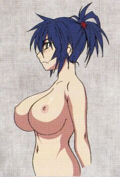 1girl blue_hair blush breast_focus breasts bust_chart from_side hair_tie hair_up hoods_entertainment large_breasts long_hair manyuu_chifusa manyuu_hikenchou navel nipples nude official_art patterned scan simple_background solo source_request stomach takagi_jun tomboy yellow_eyes