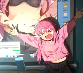 &gt;_&lt; 1girl absurdres arms_up belly_grab black_bra blush bocchi_the_rock! bra closed_eyes commentary computer facing_viewer failure gotoh_hitori highres indoors jacket khyle. laptop long_sleeves microsoft_windows midriff navel open_mouth outstretched_arms pink_jacket presentation_gone_wrong_(meme) stomach tears the_coffin_of_andy_and_leyley underwear windows_11