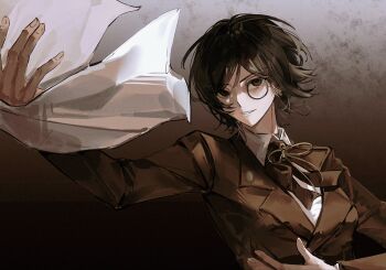 1girl alternate_skin_color bow bowtie brown_bow brown_bowtie brown_eyes brown_hair brown_jacket brown_ribbon brown_theme collared_shirt hand_up highres jacket lapels limbus_company long_sleeves monocle neck_ribbon notched_lapels outis_(project_moon) parted_lips project_moon ribbon shirt smile solo twent25 white_shirt wuthering_heights_(identity)_(project_moon)