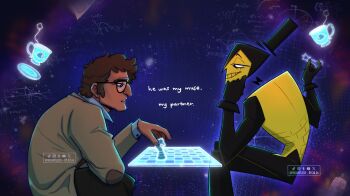 Rule 34 | 2boys, aged down, alt text, alternate costume, big nose, bill cipher, black bow, black bowtie, black eyes, black hat, black pants, black sleeves, blurry, board game, bow, bowtie, bright pupils, brown hair, chess, chess piece, coat, collared shirt, colored teeth, commentary, crossed legs, cup, dated, depth of field, elbow on knee, english commentary, english text, feet out of frame, floating, floating head, floating object, ford pines, geometry, glasses, glowing object, gravity falls, half-closed eyes, hat, head rest, highres, holding, holding chess piece, humanization, invisible chair, knight (chess), looking at another, math, mini hat, mini top hat, multiple boys, pants, parted lips, playing chess, queen (chess), shirt, sitting, smile, space, teacup, teeth, top hat, tray, twitter username, vest, vicartless, white pupils, white shirt, yellow teeth, yellow vest