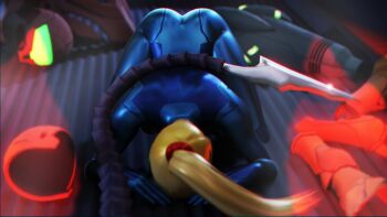 1girl 3d amateurthrowaway ass ass_focus back blonde_hair dogeza female_focus kneeling long_hair metroid nintendo ponytail ridley samus_aran skin_tight