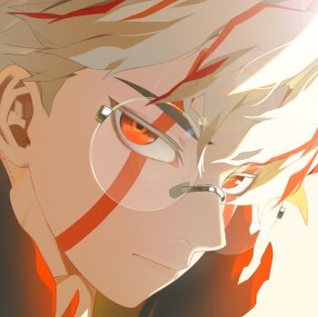 1boy close-up closed_mouth commentary dandadan facial_mark glasses hair_between_eyes highres looking_at_viewer male_focus red_eyes red_hair round_eyewear short_hair solo symbol-only_commentary takakura_ken_(dandadan) takakura_ken_(transformed)_(dandadan) upper_body white_hair zoom_ret
