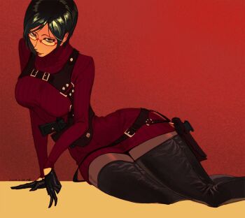Rule 34 | 1girl, a tai, ada wong, black hair, dress, glasses, gun, handgun, highres, holster, multicolored background, orange background, pantyhose, red-framed eyewear, red dress, red sweater, resident evil, resident evil 4, solo, sweater, sweater dress, turtleneck, turtleneck dress, two-tone background, weapon, yellow background