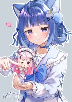 2girls ahoge animal_ear_fluff animal_ears bandaid bandaid_hair_ornament blue_background blue_dress blue_hair blue_ribbon blue_sailor_collar blush bow buckle cat_ears cat_girl cheek_poking chest_bow cleavage_cutout closed_mouth clothing_cutout cloud_hair_ornament collarbone collared_dress commentary_request crescent crescent_hair_ornament crossed_bandaids dress extra_ears fang faubynet finger_to_another&#039;s_cheek fingernails fish_hair_ornament flying_sweatdrops ghost_hair_ornament hair_bow hair_ornament hair_ribbon hairclip heart heart-shaped_buckle heart_hair_ornament highres indie_virtual_youtuber jellyfish_hair_ornament kurageu_roa long_hair maid maid_headdress md5_mismatch medium_hair mini_person minigirl multiple_girls nail_polish neck_ribbon one_eye_closed open_mouth paw_print pink_bow pink_dress pink_eyes pink_hair pink_lips pink_nails poking purple_eyes ribbon sailor_collar signature simple_background smile thighhighs two_side_up underbust virtual_youtuber white_thighhighs white_wrist_cuffs wing_hair_ornament wrist_cuffs yuuki_sakuna yuuki_sakuna_(1st_costume)