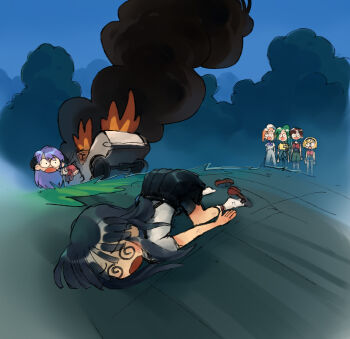 1boy 5girls @_@ black_smoke blue_sky car car_crash chibi dizzy explosion fire forest furude_rika hanyuu highres higurashi_no_naku_koro_ni houjou_satoko lying maebara_keiichi motor_vehicle multiple_girls nature on_ground on_stomach open_mouth otototoi outdoors road ryuuguu_rena scared school_uniform sketch sky smoke sonozaki_mion surprised top-down_bottom-up tree wide_shot