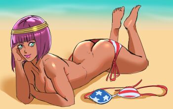 1girl american_flag american_flag_bikini american_flag_print ass beach bikini bikini_bottom_only bob_cut breasts butt_crack cleavage dark-skinned_female dark_skin downpants flag_print flag_print_bikini green_eyes lying menat ocean on_stomach print_bikini purple_hair resting_head_on_hand sand short_hair side-tie_bikini_bottom solo street_fighter sunbeam_(artist) swimsuit topless_female