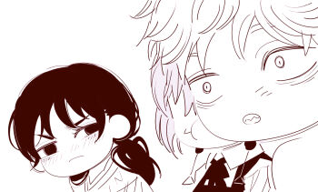 1boy 2girls chainsaw_man chibi chibi_only closed_mouth deer60868637 denji_(chainsaw_man) dress earrings fami_(chainsaw_man) fourth_east_high_school_uniform glaring jewelry light_frown limited_palette long_hair low_twintails mitaka_asa multiple_girls pinafore_dress purple_hair school_uniform shirt short_hair sleeveless sleeveless_dress twintails