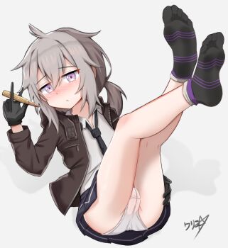1girl absurdres blush boppin cameltoe feet female_focus full_body girls&#039;_frontline gloves grey_hair highres legs_up loli long_hair looking_at_viewer m200_(girls&#039;_frontline) necktie panties pantyshot purple_eyes shell_casing simple_background socks soles solo underwear