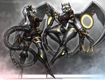 2girls absurdres android armband black_hairband black_jacket chainsaw claw_(weapon) evil_grin evil_smile face_filter fewer_digits grey_hair grin hado_(zzzhadozzz) hairband highres humanoid_robot j_(murder_drones) jacket joints long_hair looking_at_viewer machine mechanical_arms mechanical_tail mechanical_wings multiple_girls murder_drones orange_armband redesign robot robot_girl robot_joints screen short-sleeved_jacket short_hair short_sleeves skirt smile tail tuxedo_shirt twintails v_(murder_drones) weapon white_hair wings yellow_armband yellow_eyes