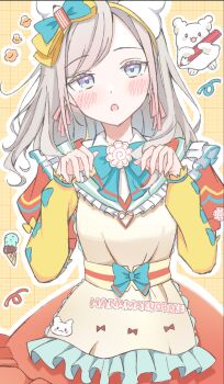 Rule 34 | 1girl, :3, apron, blue bow, blue bowtie, blue eyes, bow, bowtie, ceras yanagida lilienfeld, character badge, colored pencil, commentary, dress, frilled apron, frills, ghost, grey hair, grid background, hair ribbon, hairband, hanamaruobake, highres, holding, holding pencil, iroha (nami3), layered sleeves, link! like! love live!, long sleeves, looking at viewer, love live!, maid apron, open mouth, outstretched arms, pencil, pink ribbon, red dress, ribbon, sanrio, short over long sleeves, short sleeves, solo focus, untranslatable commentary, virtual youtuber, white apron, yellow background, yellow hairband, zombie pose