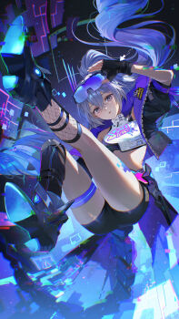 1girl absurdres black_boots black_gloves black_jacket black_leg_warmers black_shorts boots commentary_request crop_top cropped_jacket crossed_bangs eyewear_on_head fingerless_gloves fishnet_kneehighs fishnets floating_hair glitch gloves goggles goggles_on_head grey_eyes grey_hair hair_between_eyes highres honkai:_star_rail honkai_(series) jacket leg_warmers long_hair mechanical_tail midriff official_alternate_costume open_clothes open_jacket open_mouth parted_lips pong_(pong_o0) shoe_soles shorts silver_wolf_(honkai:_star_rail) silver_wolf_(lv.999)_(honkai:_star_rail) single_leg_warmer solo tail thigh_strap very_long_hair