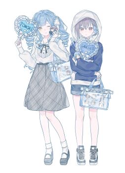 2girls absurdres bang_dream! bang_dream!_it's_mygo!!!!! black_bow black_shoes blue_bow blue_hair blue_hoodie blue_ribbon blue_shorts bow braid brown_hair character_doll character_name chinese_commentary closed_mouth commentary_request crossed_arms doll full_body glowstick grey_shoes grey_skirt hair_bow hair_ribbon hand_fan hands_up highres holding holding_doll holding_fan hood hoodie implied_yuri itabag long_sleeves looking_at_viewer medium_skirt multiple_girls one_eye_closed oshi-katsu paper_fan penlight_(glowstick) plaid_clothes plaid_skirt red_eyes ribbon shirt shirt_bow shoes short_hair shorts sidelocks simple_background skirt sneakers socks songie standing takamatsu_tomori togawa_sakiko two_side_up uchiwa wavy_hair white_background white_bow white_shirt white_socks yellow_eyes