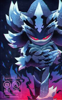 1boy artist_name black_background blue_fire bowing butler_bowing chest_fur claws colored_sclera commentary crystal_hair english_commentary fire gareki_sh green_eyes half-closed_eyes male_focus mephiles_the_dark no_mouth no_nose red_sclera slit_pupils solo sonic_(series) sonic_the_hedgehog_(2006) twitter_username watermark