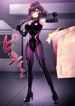 boots collar elbow_gloves gloves high_heel_boots high_heels holding holding_whip leotard original pantyhose piririnegi ponytail purple_hair red_eyes smile thigh_boots whip