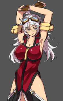 1girl antenna_hair armlet armpits bare_shoulders blue_eyes blush breasts brown_gloves cleavage closed_mouth collar collarbone cowboy_shot female_focus fingerless_gloves frown gloves goggles goggles_on_head grey_background hair_between_eyes hip_focus jewelry large_breasts long_hair looking_at_viewer negresco project_x_zone_2 robe shiny_skin sideboob silver_hair simple_background solo standing thighs urashima_chizuru