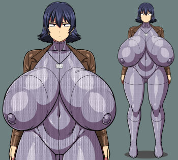 1girl amazon_(taitaitaira) blue_hair bodysuit breasts brown_jacket closed_mouth earrings gigantic_breasts green_background highres huge_breasts izumi_(amazon) jacket jewelry large_areolae large_nipples looking_at_viewer open_clothes open_jacket original red_eyes sagging_breasts see-through_clothes short_hair simple_background solo standing tagme thick_thighs thighs