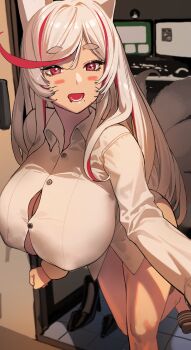 +_+ animal_ears asymmetrical_bangs bare_legs blush breasts covered_erect_nipples desk destiny_child doorbell drooling eyelashes facial_mark fox_ears fox_girl fox_tail high_heels highres computer_keyboard kyuubi large_breasts mole mole_under_mouth monitor computer_mouse mouth_drool multicolored_hair multiple_monitors multiple_tails open_door open_mouth panties red_eyes saliva sandals shirt solo star_(symbol) tail tamamo_(destiny_child) two-tone_hair underwear webcam whisker_markings white_hair white_panties white_shirt zig90