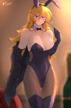 Rule 34 | 1girl, absurdres, ahoge, animal ear hairband, animal ears, bare shoulders, black boots, black bow, black bowtie, black gloves, black hairband, black jacket, blonde hair, boots, bottle, bow, bowtie, breasts, breasts apart, brown pantyhose, cleavage, collar, collarbone, commentary, couch, covered navel, cowboy shot, detached collar, double-parted bangs, elbow gloves, english commentary, fake animal ears, fishnet pantyhose, fishnets, gloves, gluteal fold, grin, hair between eyes, hairband, highleg, highleg leotard, highres, holding, holding riding crop, indoors, jacket, large breasts, leotard, long hair, mechanical arms, messy hair, off shoulder, open mouth, pantyhose, pink eyes, playboy bunny, rabbit ears, riding crop, rwby, sidelocks, smile, solo, strapless, strapless leotard, teeth, thigh boots, thigh gap, vilde loh hocen, white collar, wine bottle, yang xiao long