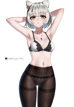 1girl animal_ear_fluff animal_ears armpits arms_behind_head artist_name black_bra bra breasts brown_pantyhose cat_ears cat_girl chest_jewel closed_mouth commentary_request completion_time cowboy_shot grey_hair highres looking_at_viewer mio_(xenoblade) navel no_pants no_shirt panties panties_under_pantyhose pantyhose riro_(breakthrough_rr) short_hair simple_background small_breasts solo twitter_x_logo two-tone_bra underwear white_background white_bra white_panties xenoblade_chronicles_(series) xenoblade_chronicles_3 yellow_eyes