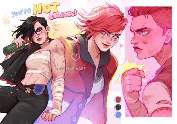 1girl abs arcane:_league_of_legends arcane_vi artist_name black_hair black_pants blue_eyes bottle chest_sarashi holding holding_bottle jacket league_of_legends looking_at_viewer luztapiaart multiple_views pants pink_hair red_jacket sarashi vi_(league_of_legends) watermark