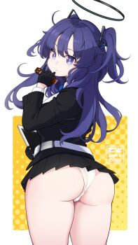 1girl ass black_gloves black_jacket black_skirt blue_archive candy candy_bar closed_mouth cowboy_shot deto eating food from_behind gloves hair_ornament halo highres holding jacket long_hair long_sleeves looking_at_viewer looking_back mechanical_halo miniskirt panties pleated_skirt purple_eyes purple_hair simple_background skirt snickers_(brand) solo standing thick_thighs thighs triangle_hair_ornament two_side_up underwear white_background white_panties yuuka_(blue_archive)